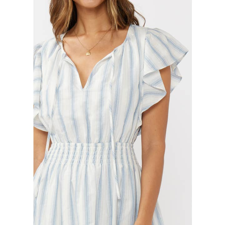 Ruffle Slv Split Neck Smocked Waist Midi Dress