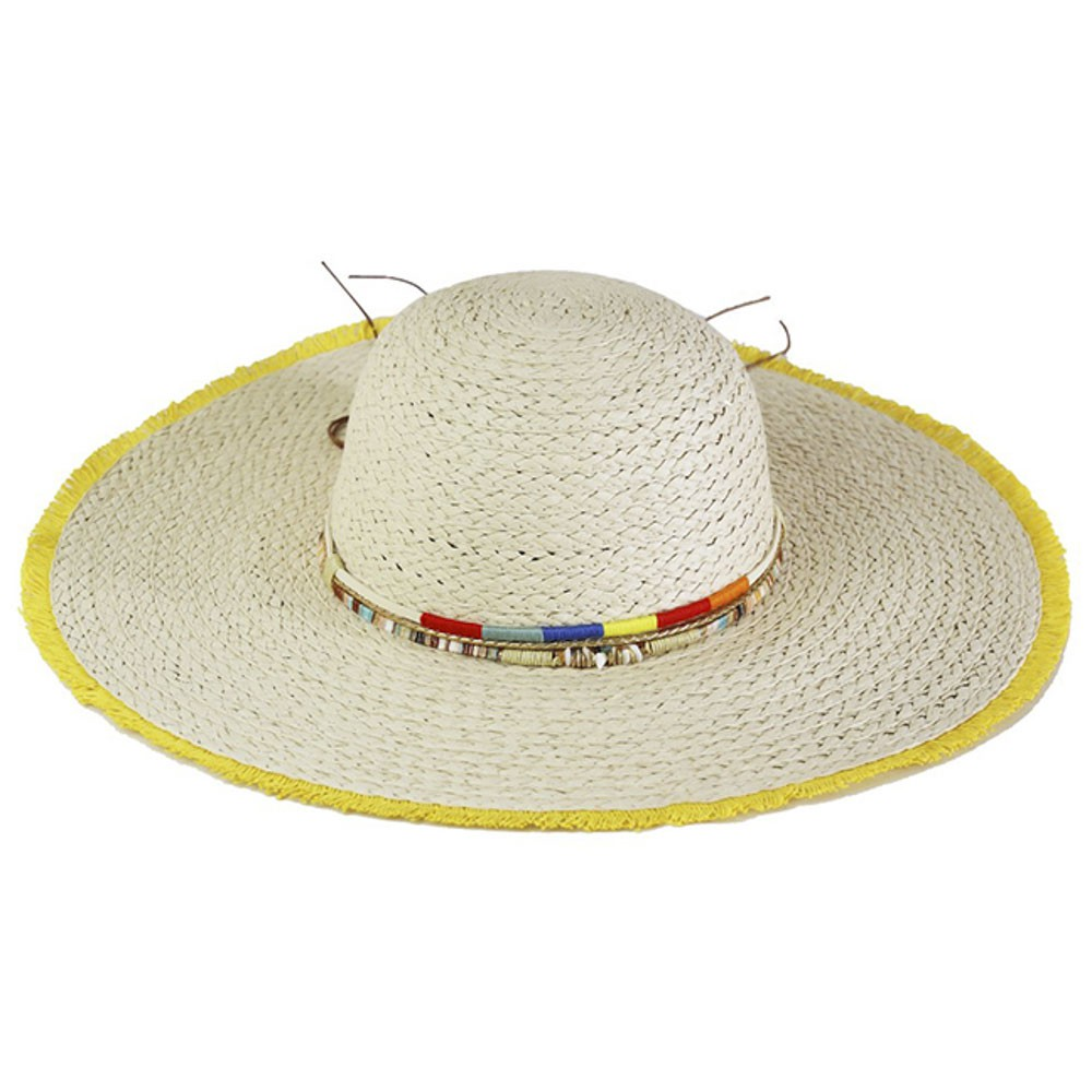 Colored Frayed Floppy Straw Hat with Multi Bands