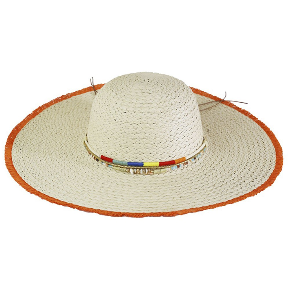 Colored Frayed Floppy Straw Hat with Multi Bands