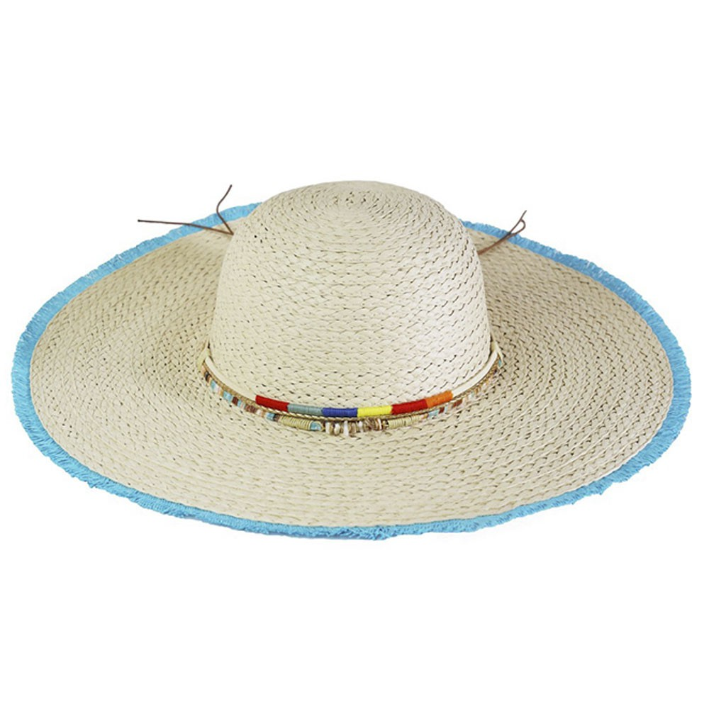 Colored Frayed Floppy Straw Hat with Multi Bands