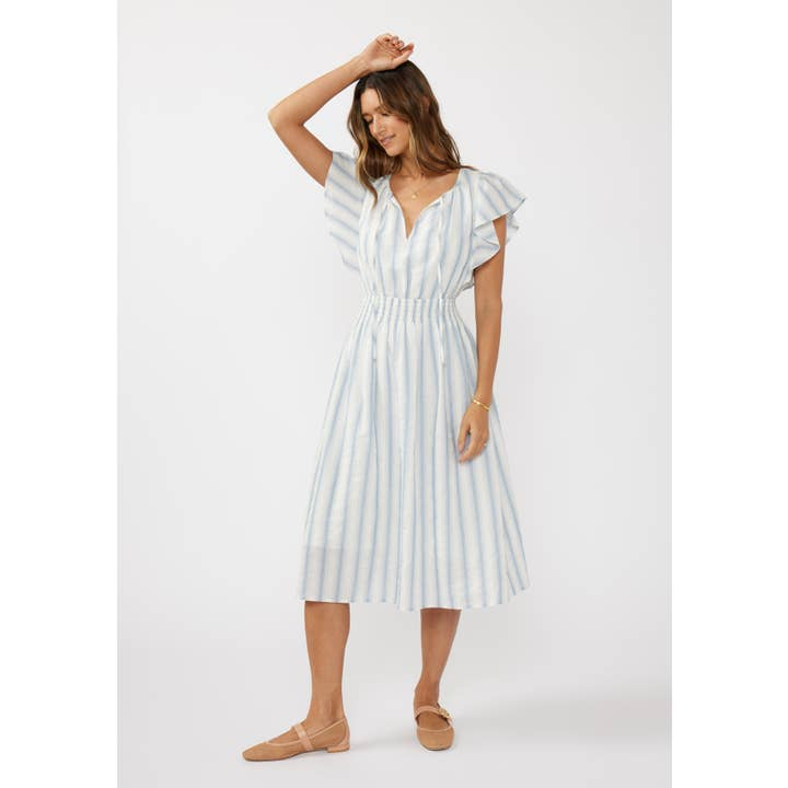 Ruffle Slv Split Neck Smocked Waist Midi Dress
