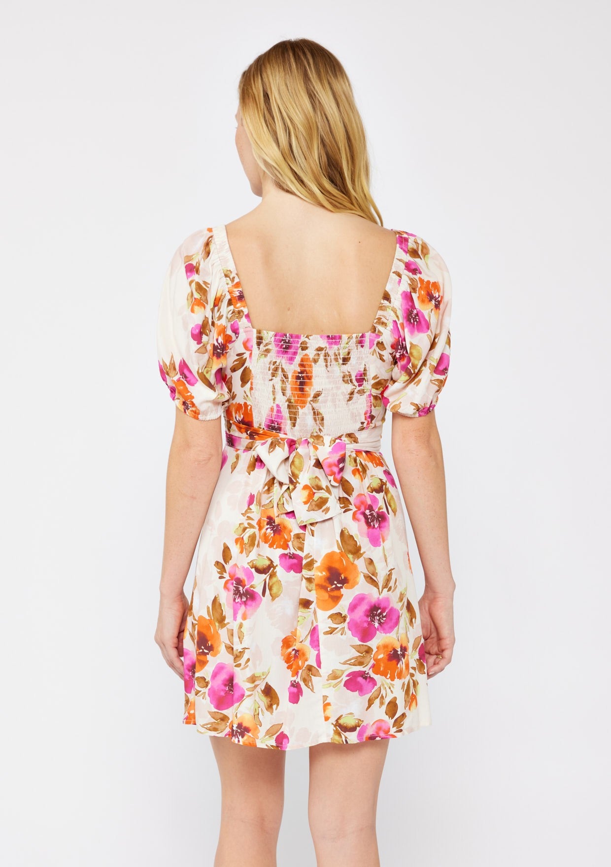 Sweetheart Neck Puff Sleeves Smocked Back Mini Dress w/ Waist Tie