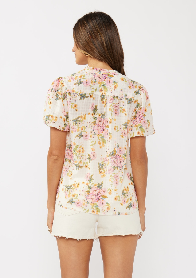 Short Puff Slv Split Neck Button Down Top