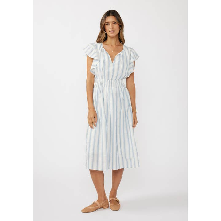 Ruffle Slv Split Neck Smocked Waist Midi Dress