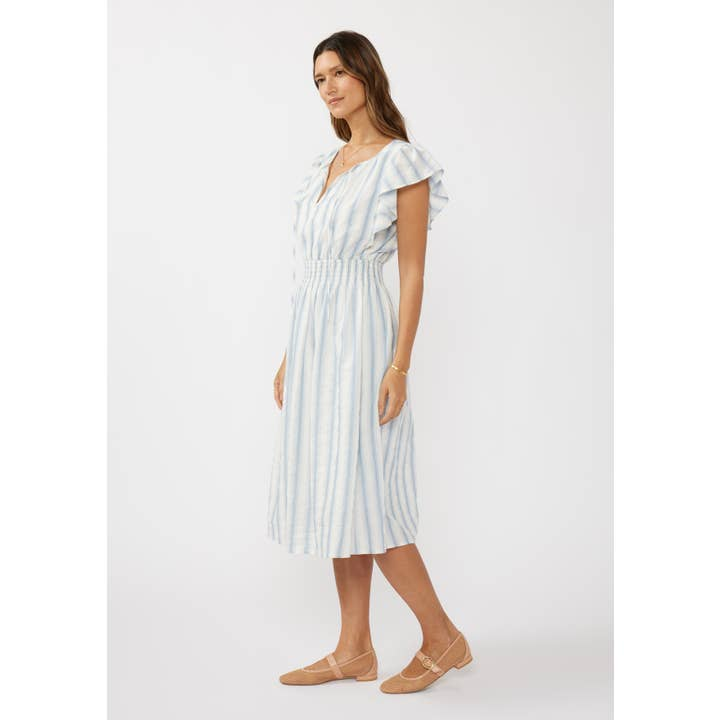 Ruffle Slv Split Neck Smocked Waist Midi Dress