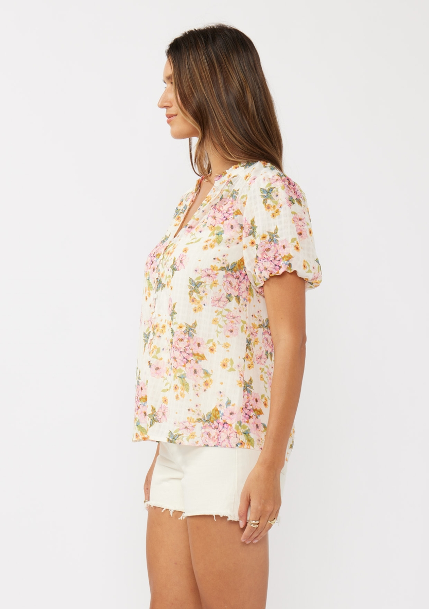 Short Puff Slv Split Neck Button Down Top