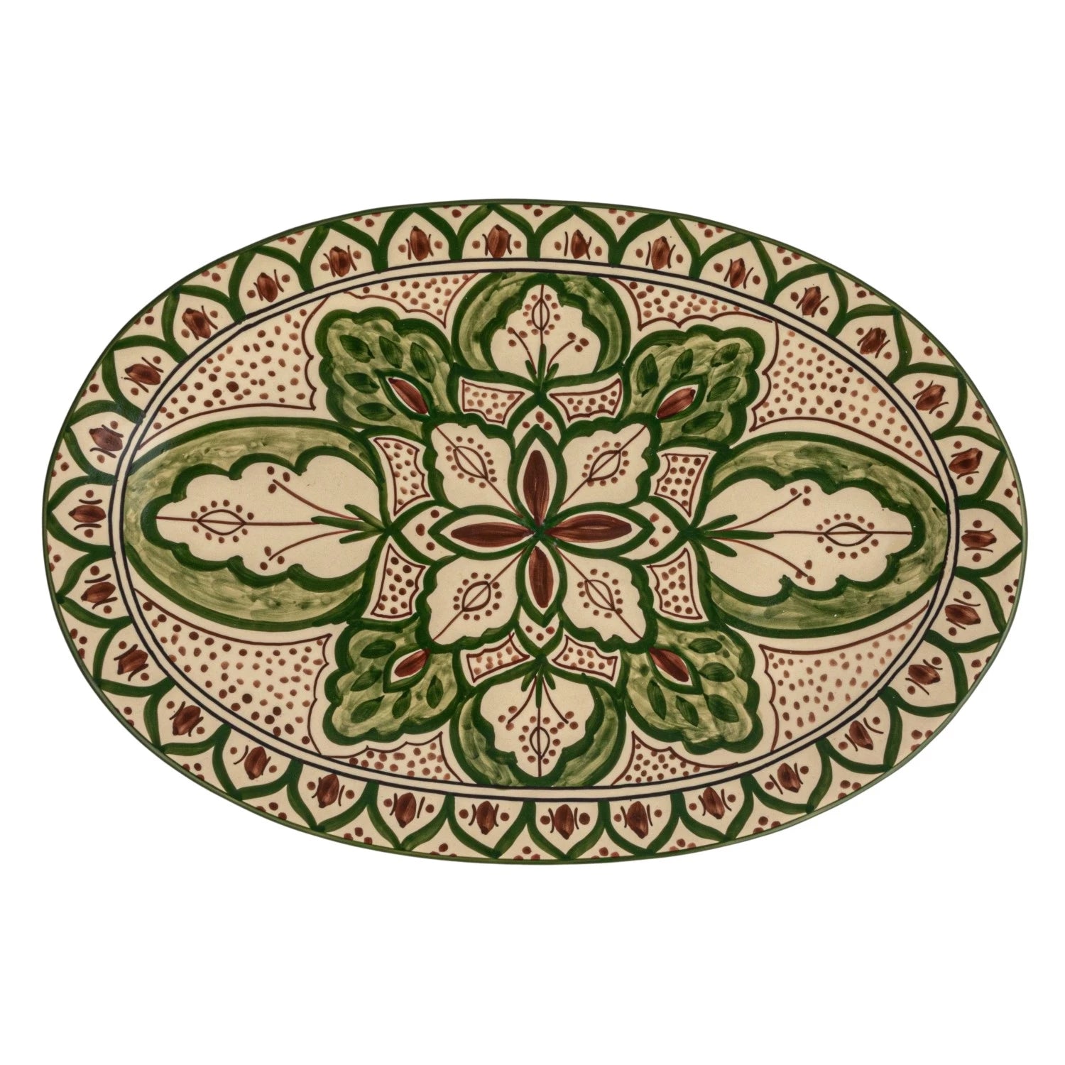 Stoneware Platter w/ Botanical Design Green Hand Painted