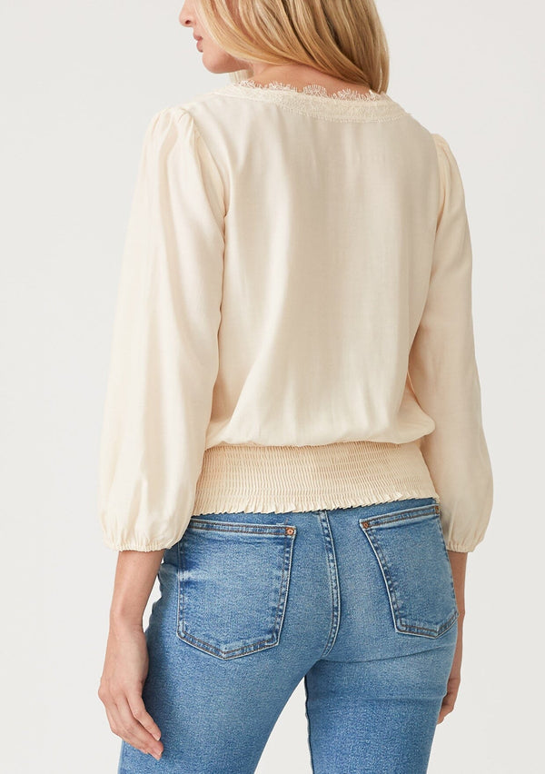 Half Lenght Slv Surplice Lace Trim V-Neck Blouse W/ Smocked Waistband