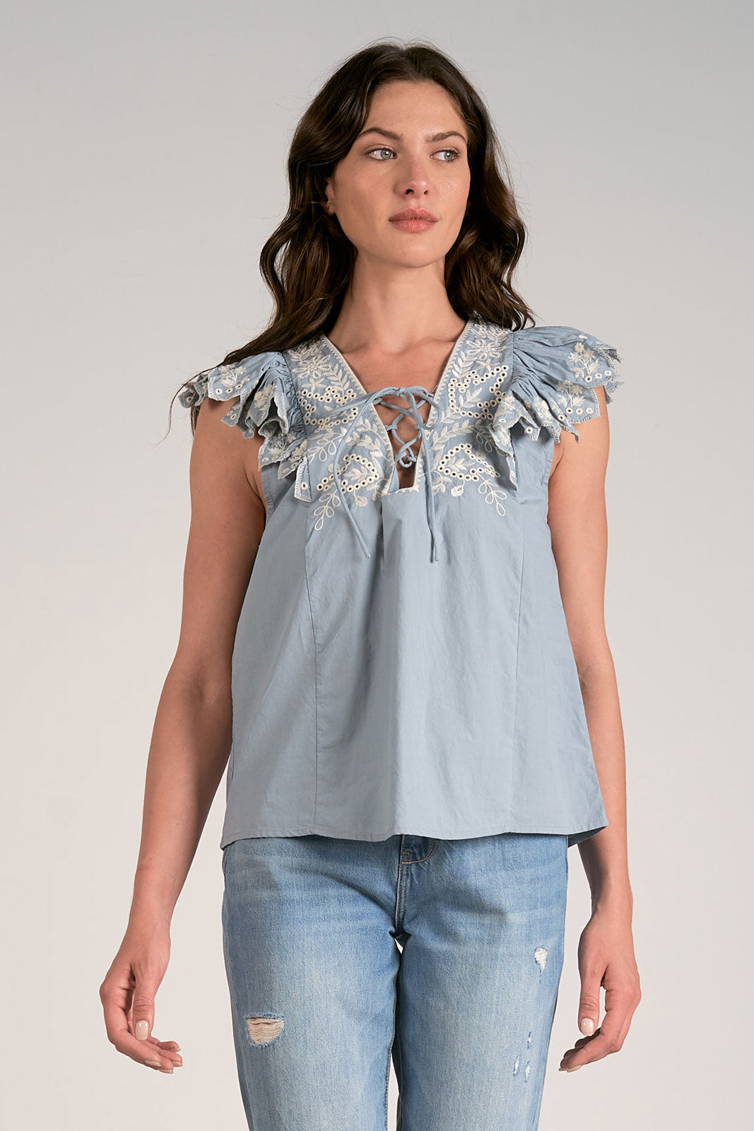 V-Neck Short Ruffle Slv Top
