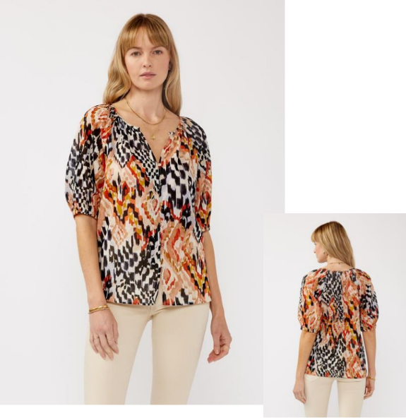 Short Puff Slv Split Neck Button Down Top