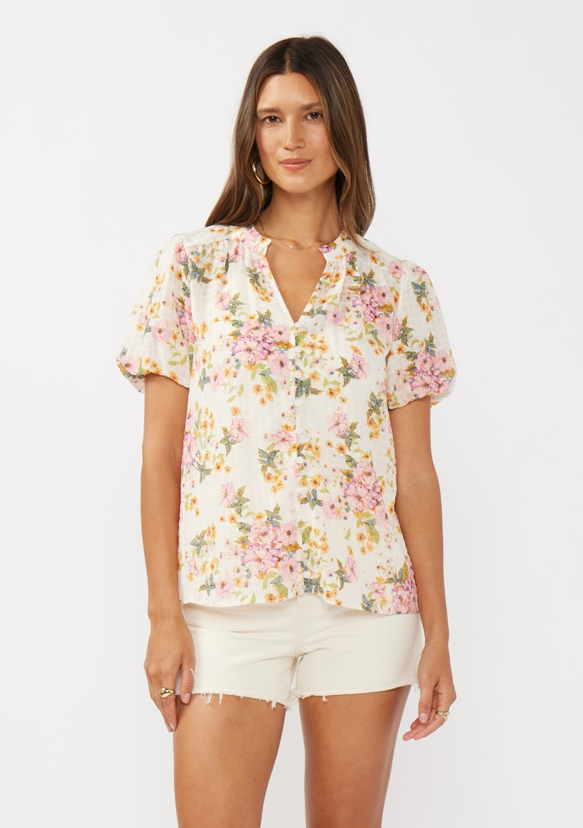 Short Puff Slv Split Neck Button Down Top
