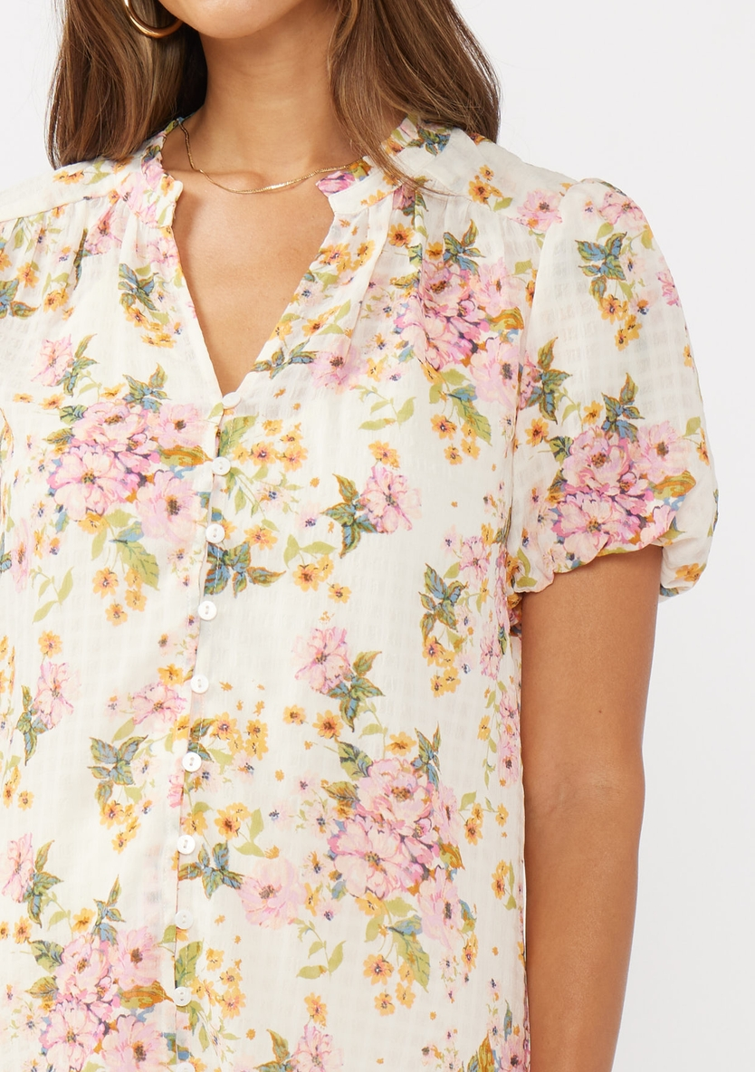 Short Puff Slv Split Neck Button Down Top