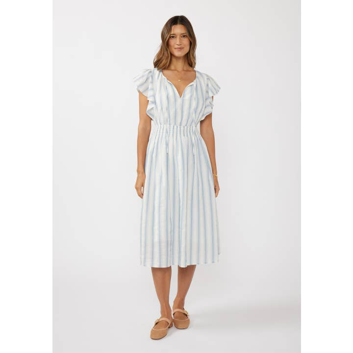 Ruffle Slv Split Neck Smocked Waist Midi Dress