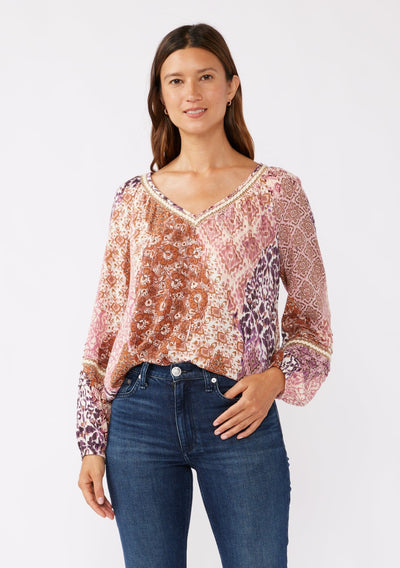 L/S V-Neck Blouse W/ Pintucks and Lace Trim