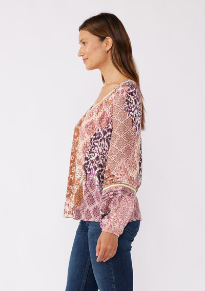 L/S V-Neck Blouse W/ Pintucks and Lace Trim