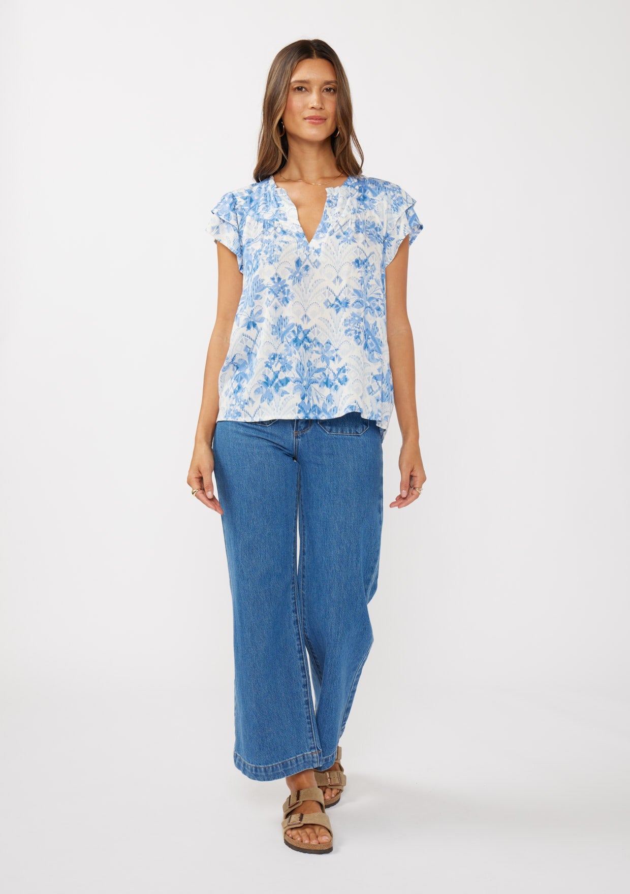 Double Ruffle Slv Split Neck Top