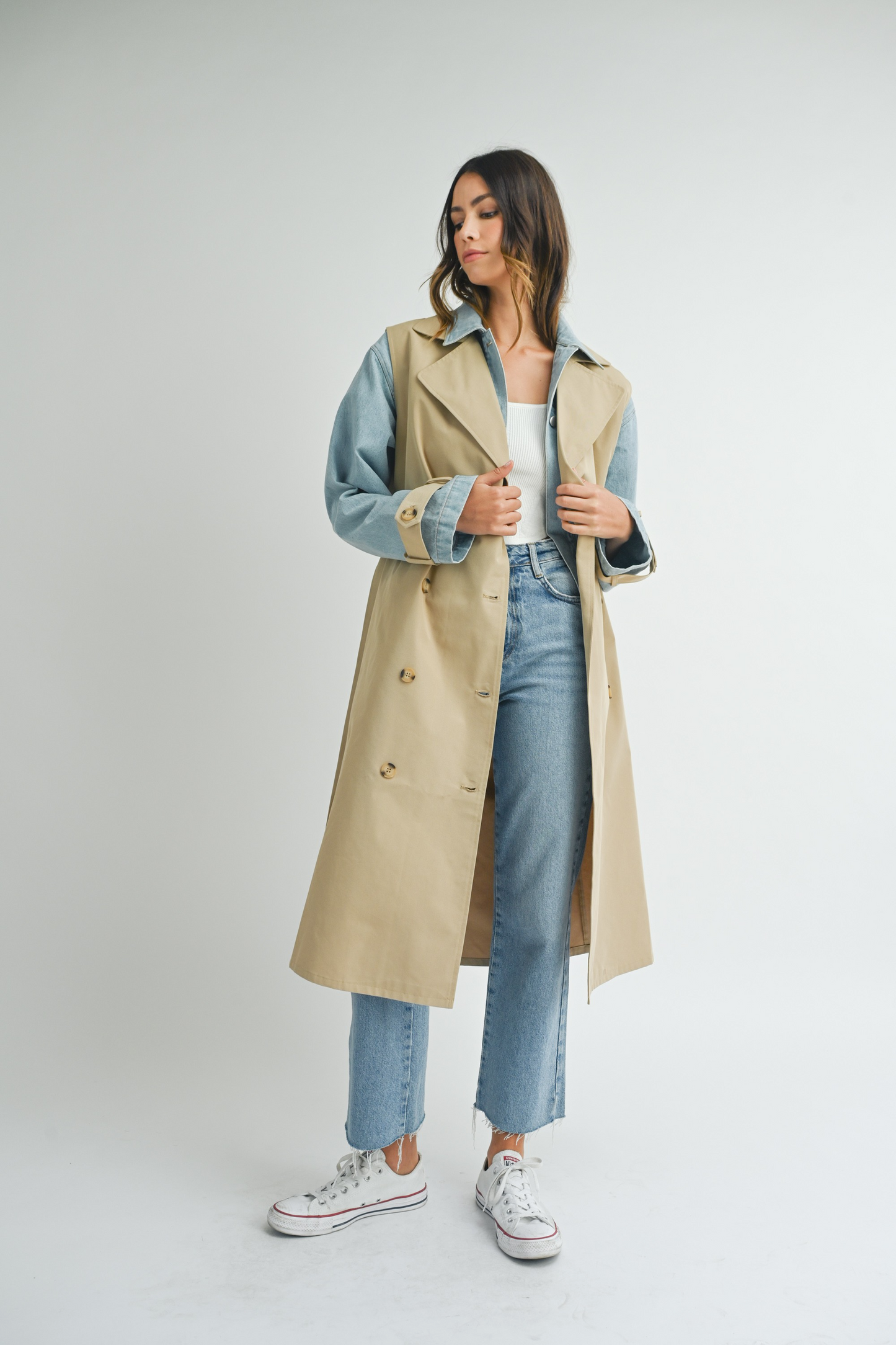 Layered Look Trench Coat With Denim Jacket