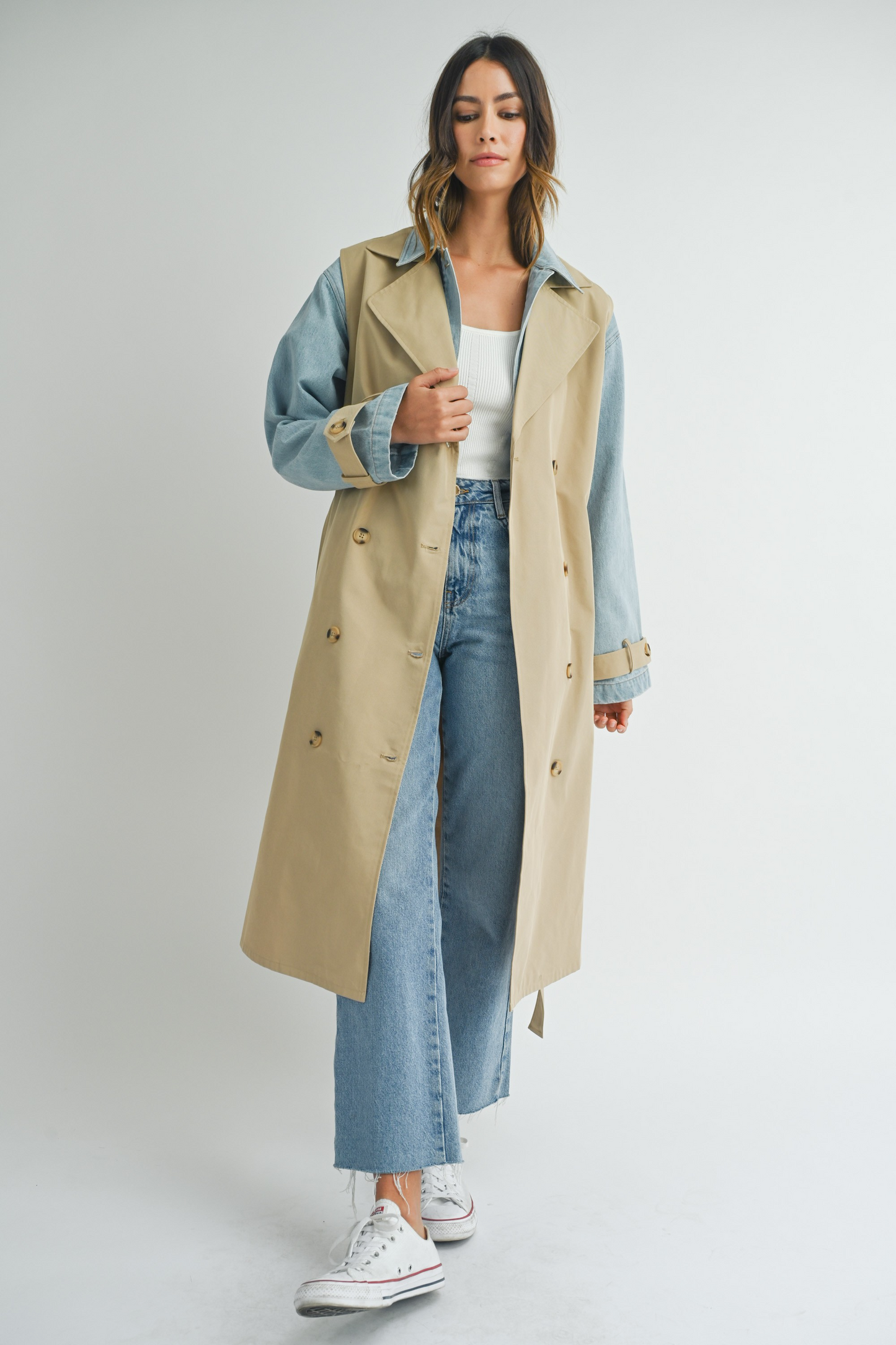 Layered Look Trench Coat With Denim Jacket