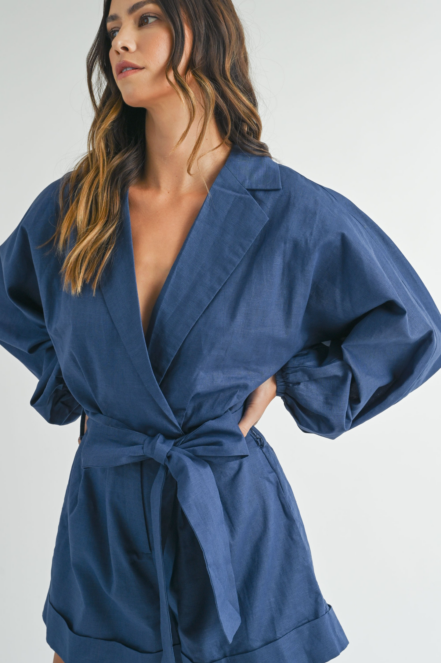Waist Belted Jacket Style Collared Romper