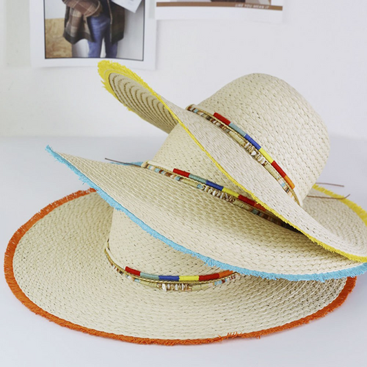 Colored Frayed Floppy Straw Hat with Multi Bands