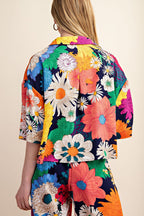 Vibrant Floral Print Cropped Button Down Shirt