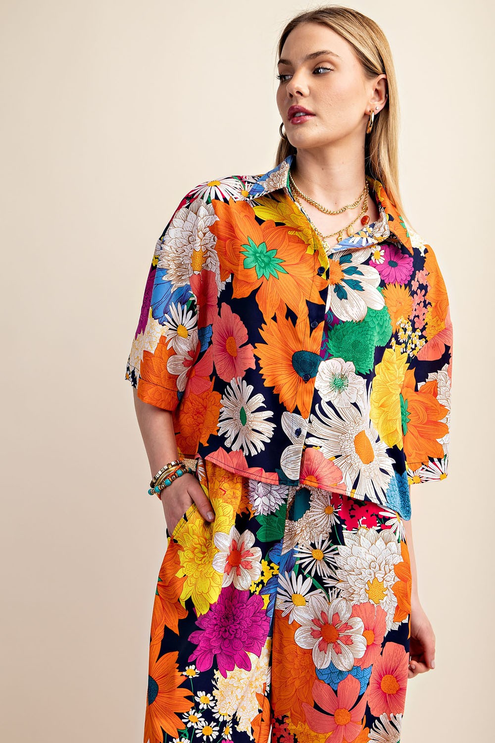 Vibrant Floral Print Cropped Button Down Shirt