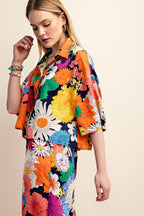 Vibrant Floral Print Cropped Button Down Shirt