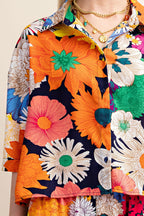 Vibrant Floral Print Cropped Button Down Shirt