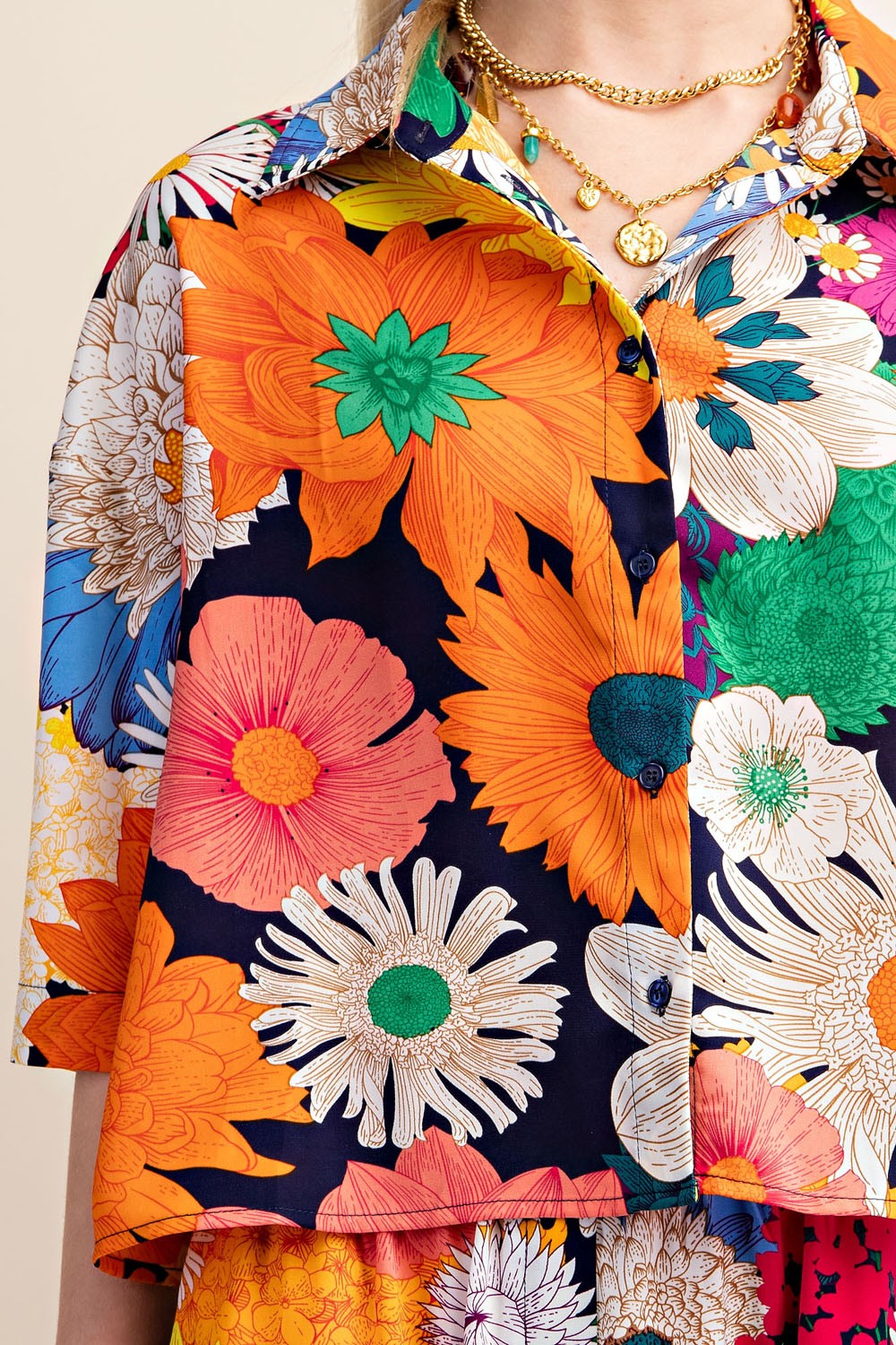 Vibrant Floral Print Cropped Button Down Shirt