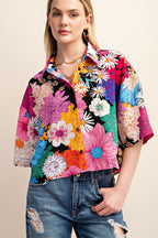 Vibrant Floral Print Cropped Button Down Shirt
