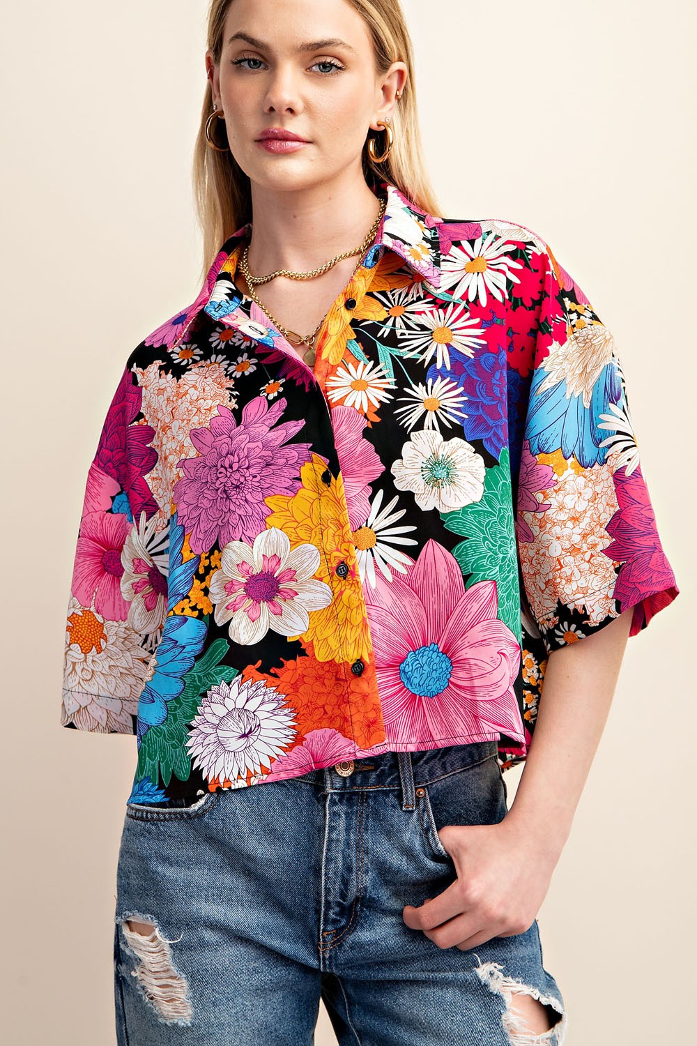 Vibrant Floral Print Cropped Button Down Shirt