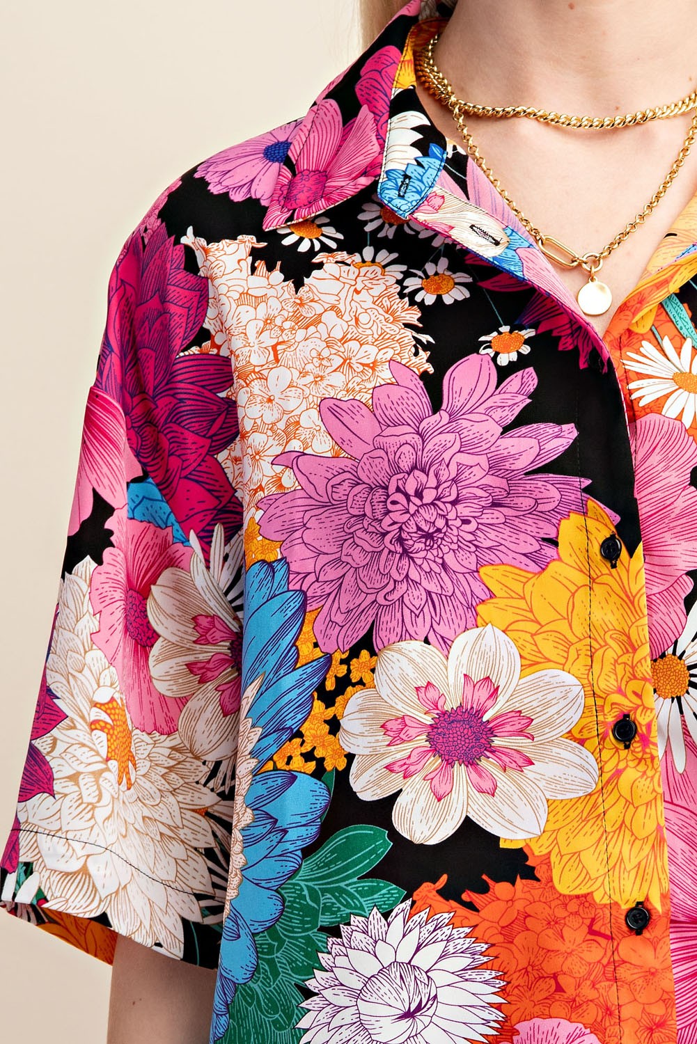 Vibrant Floral Print Cropped Button Down Shirt