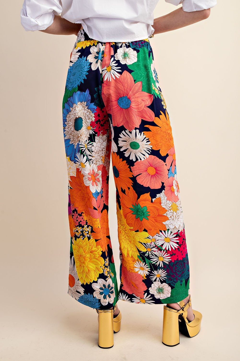 Vibrant Floral Print Elastic Waist Pants