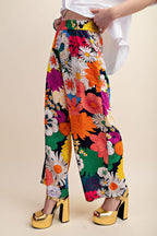 Vibrant Floral Print Elastic Waist Pants