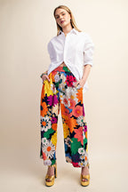 Vibrant Floral Print Elastic Waist Pants