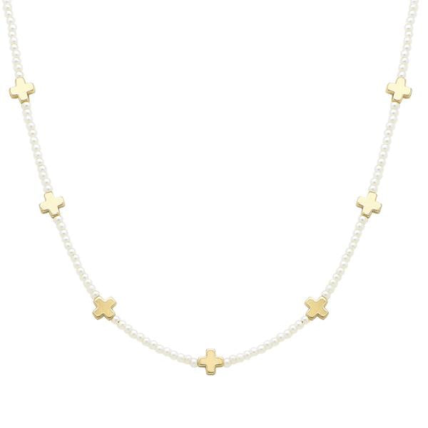 Cross Charm Pearl Bead Necklace