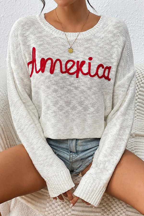 America Embroidered Crew Neck Sweaters