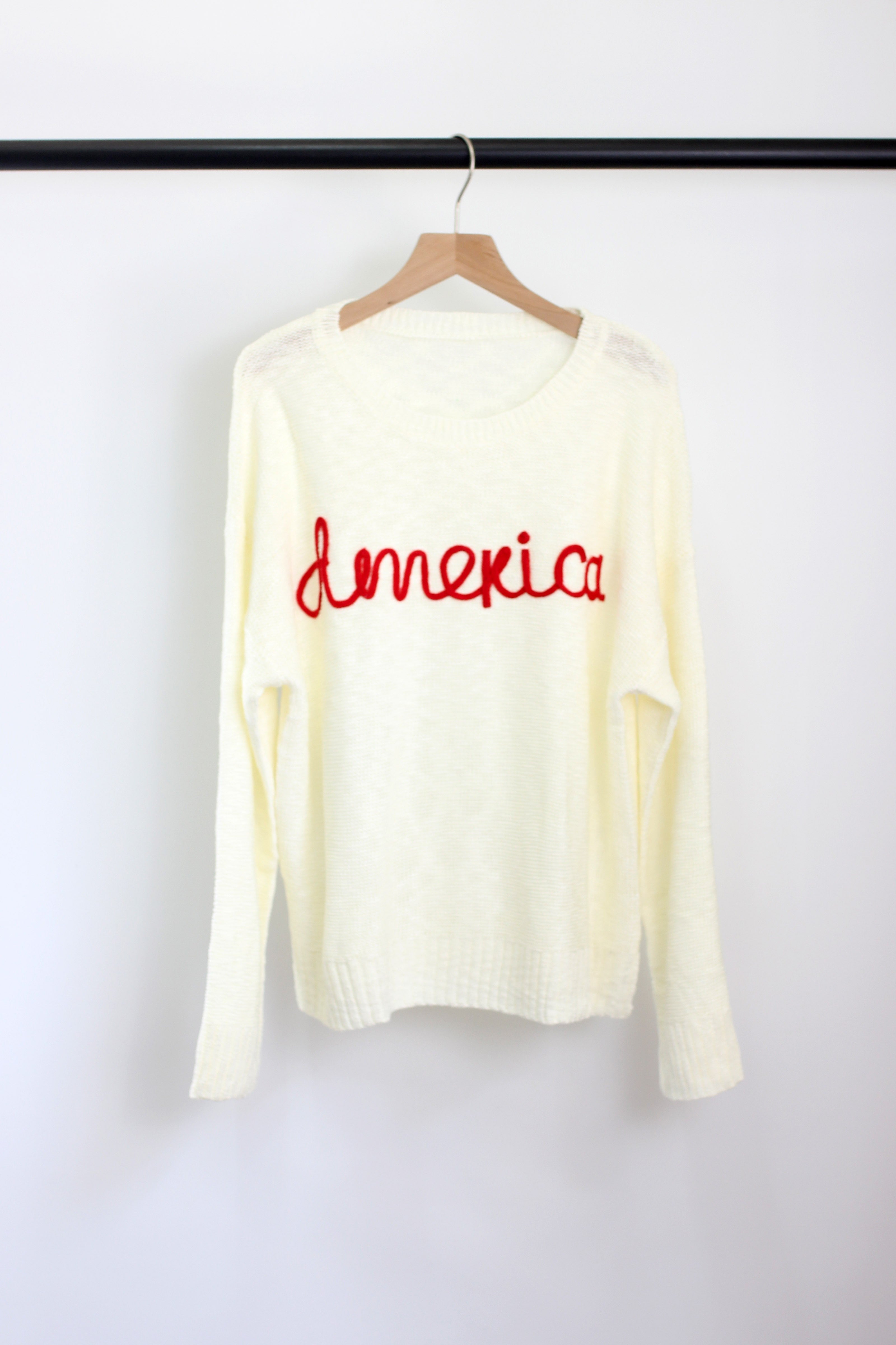 America Embroidered Crew Neck Sweaters