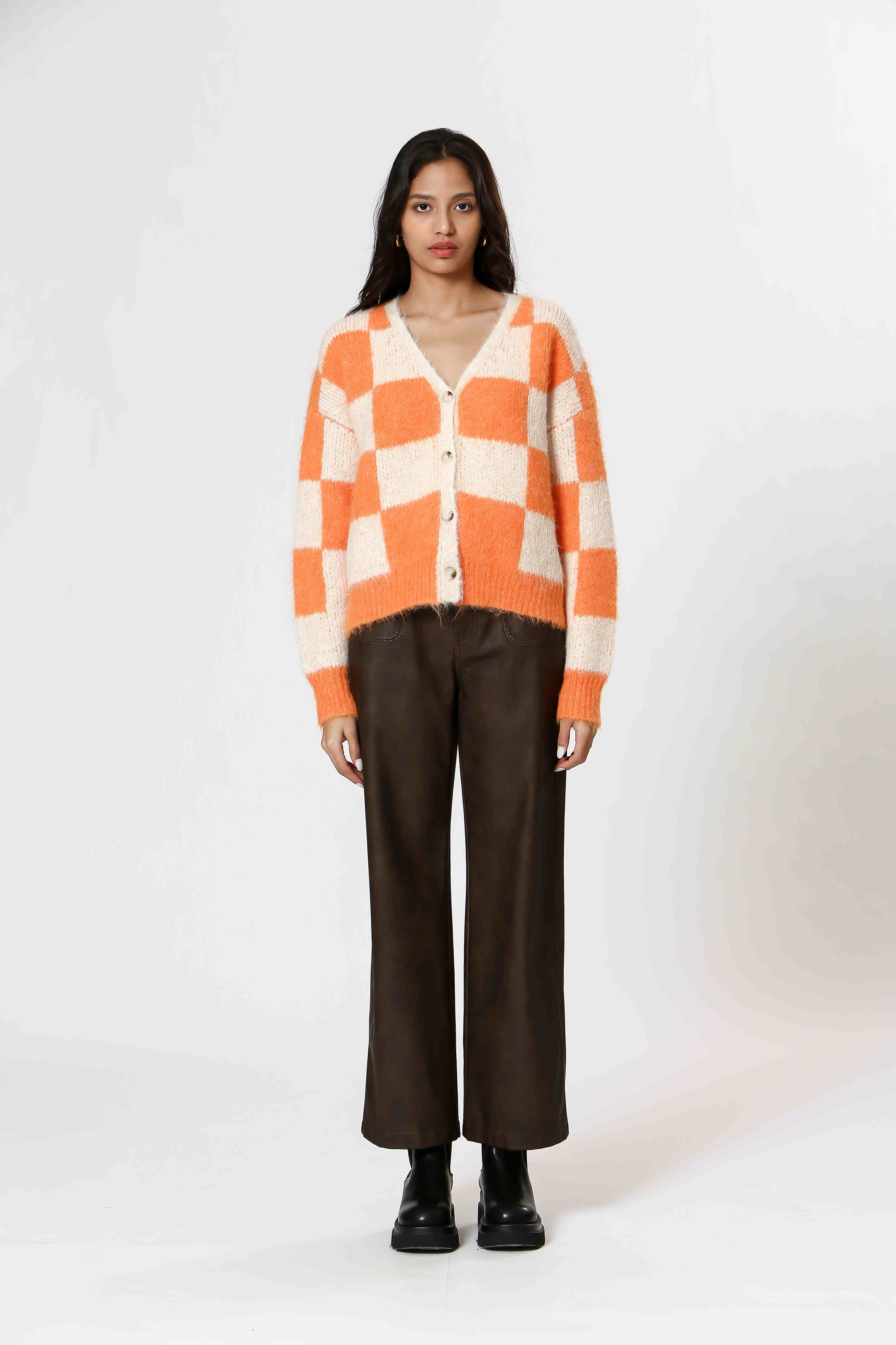 Checkered Pattern Button Down Sweater