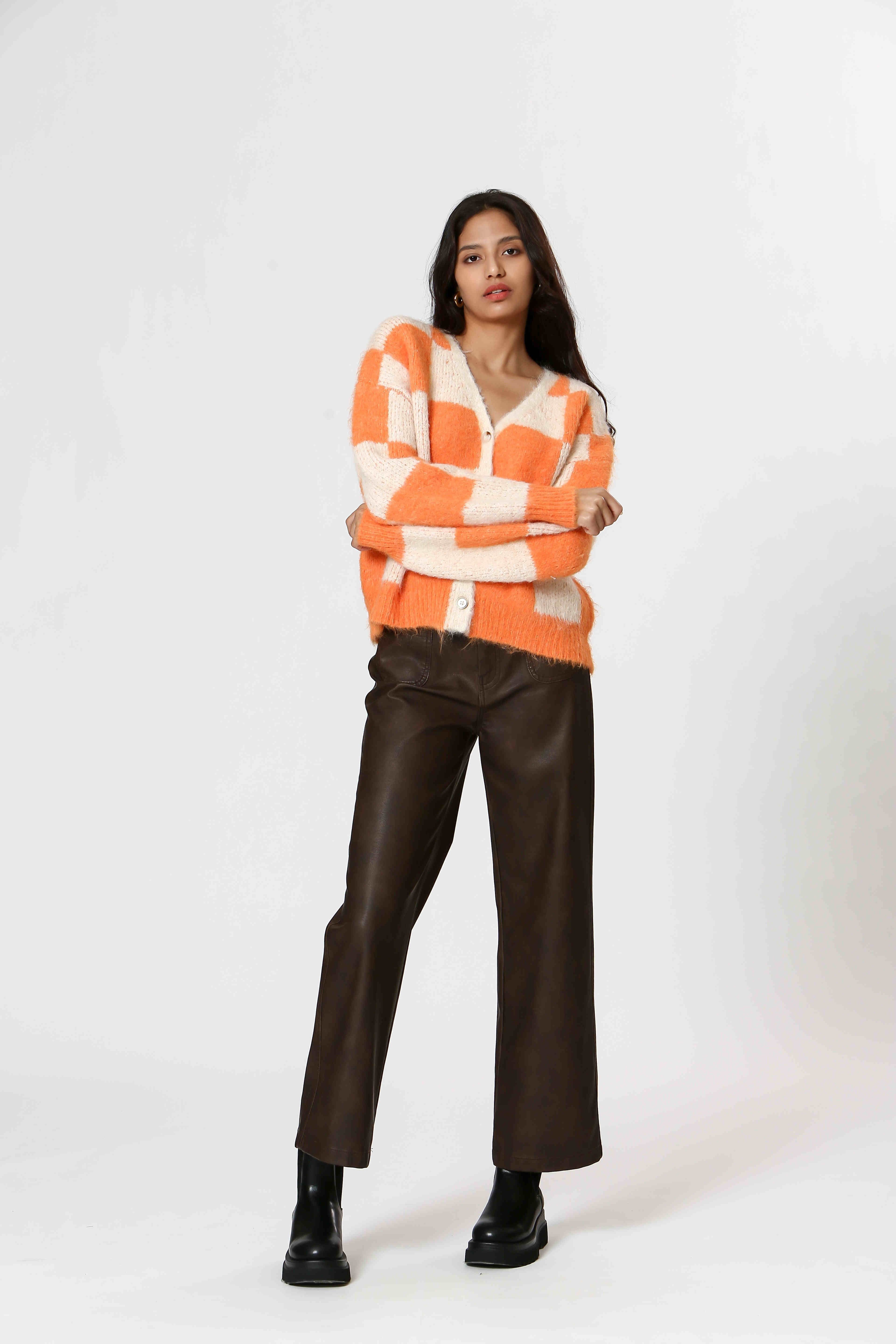 Checkered Pattern Button Down Sweater
