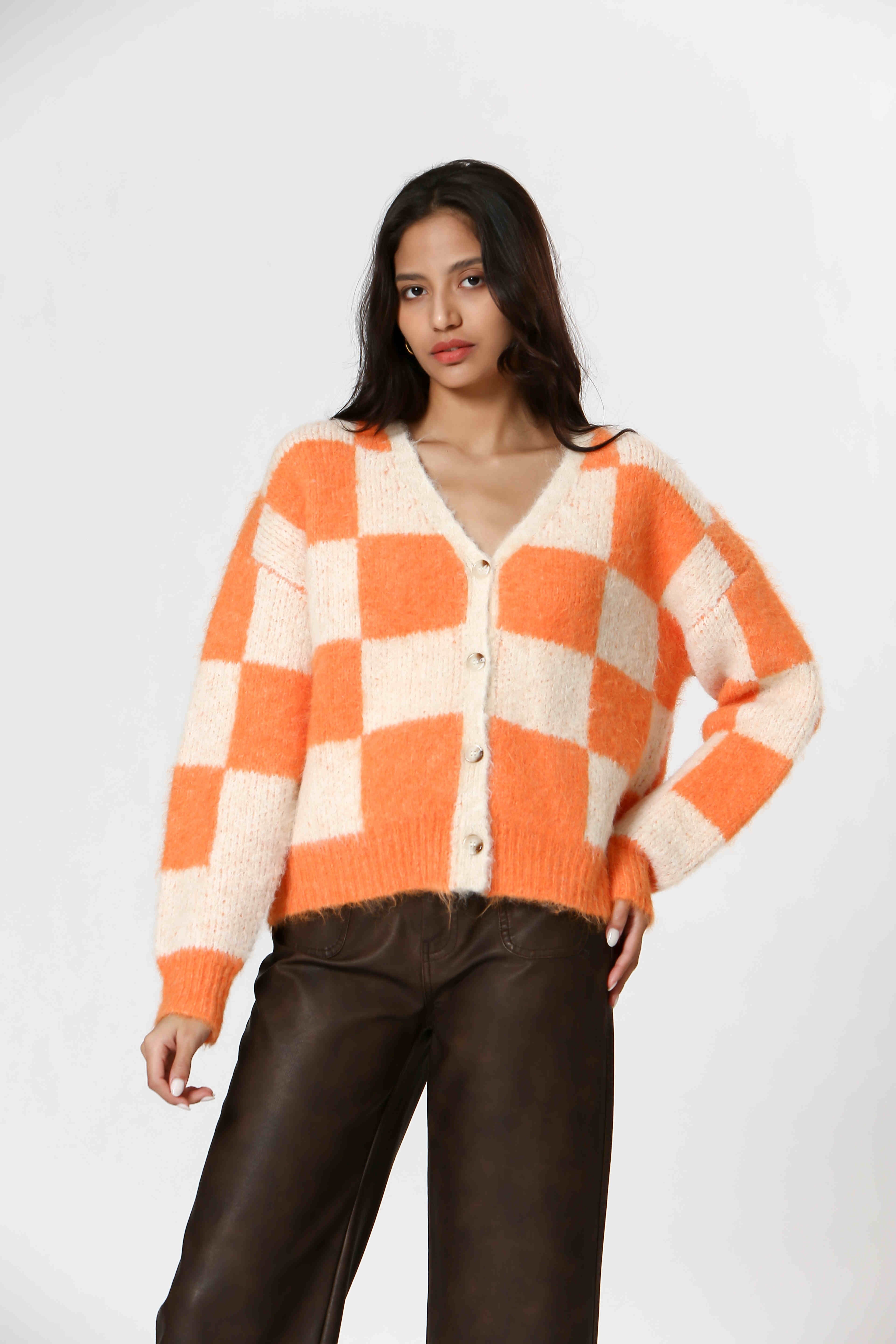 Checkered Pattern Button Down Sweater