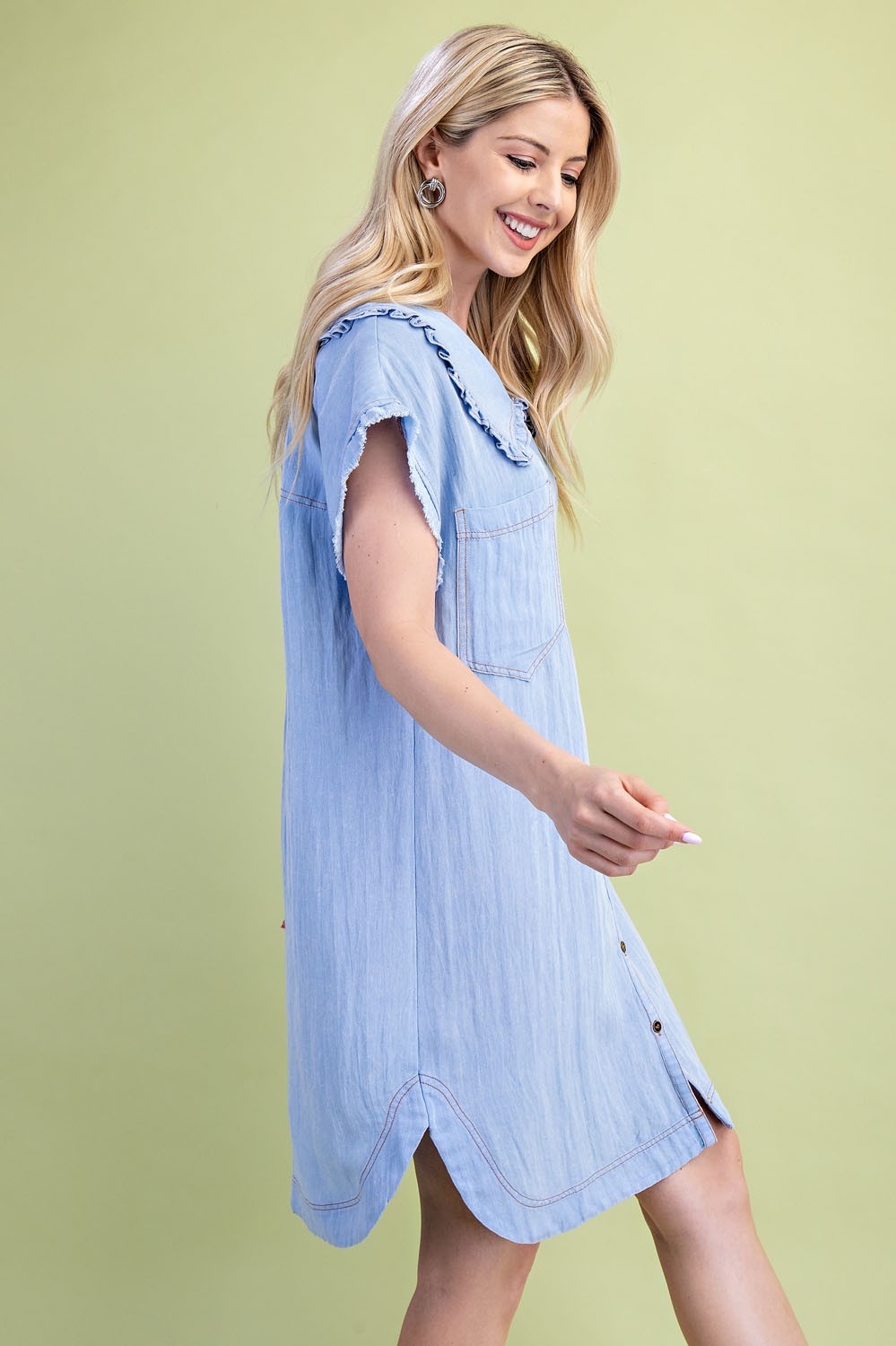 Snow Washing Ruffled Peter Pan Collar Shirt Dress
