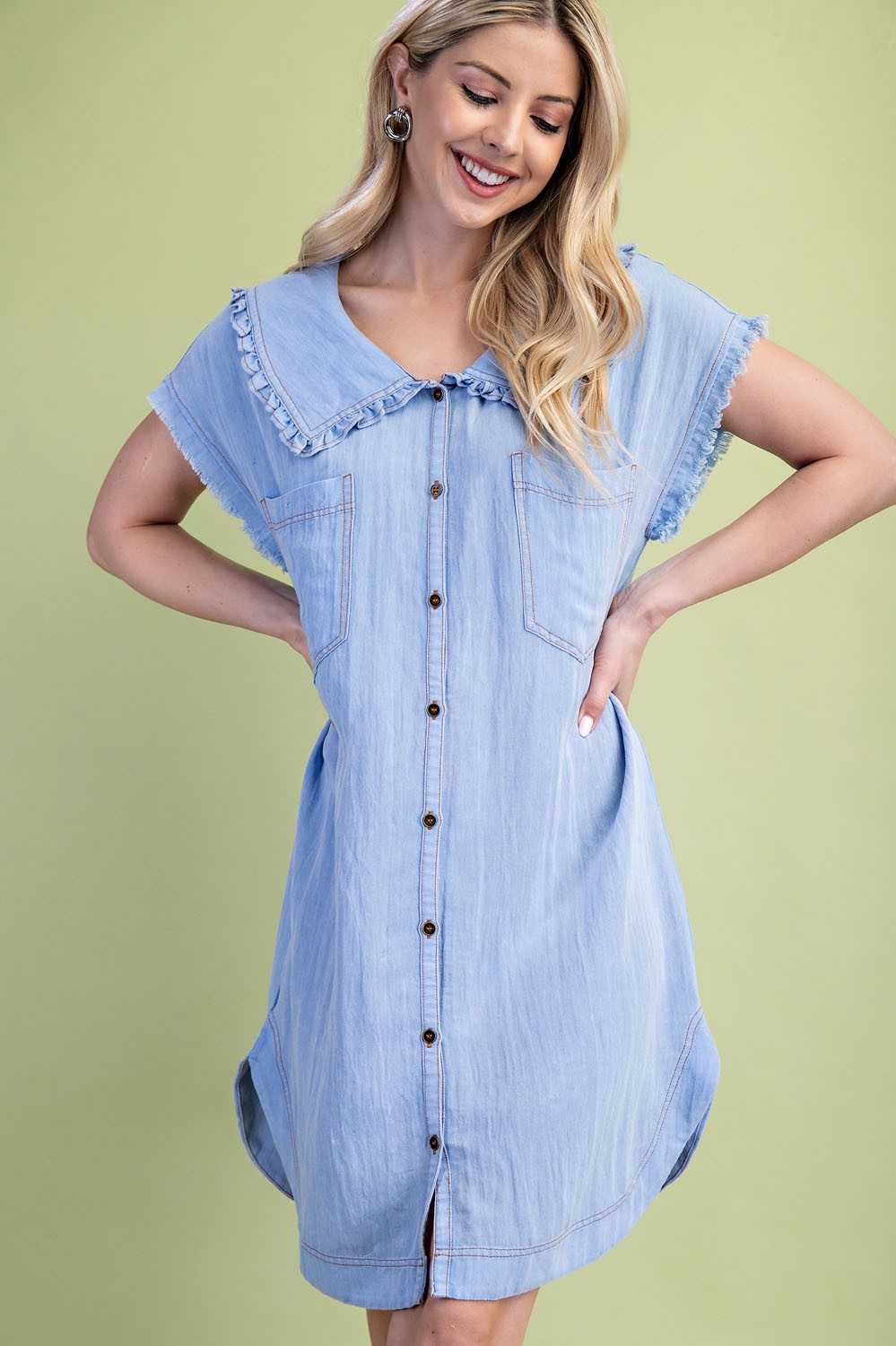 Snow Washing Ruffled Peter Pan Collar Shirt Dress