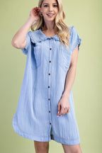 Snow Washing Ruffled Peter Pan Collar Shirt Dress
