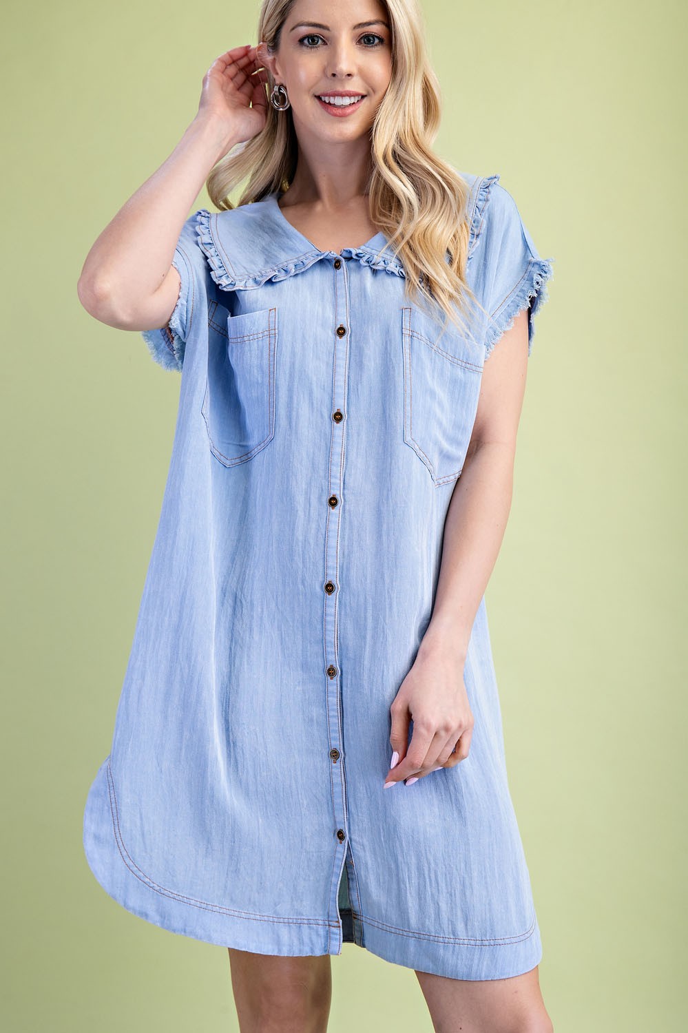 Snow Washing Ruffled Peter Pan Collar Shirt Dress