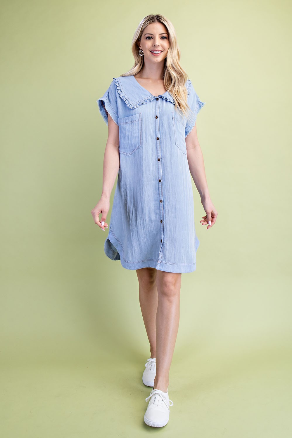 Snow Washing Ruffled Peter Pan Collar Shirt Dress