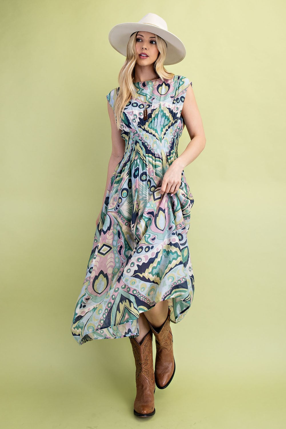 Printed Cap Sleeve Midi Dress