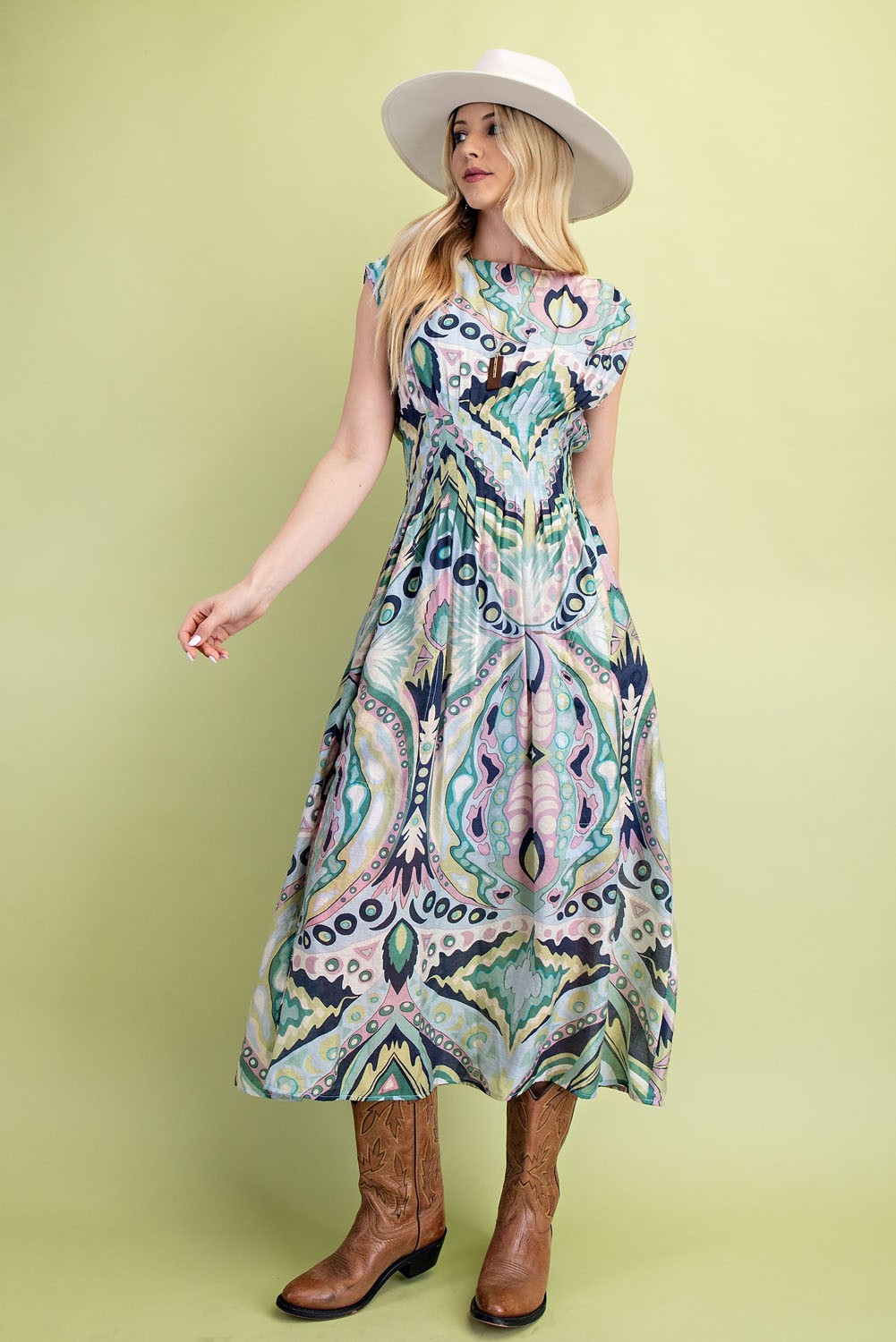 Printed Cap Sleeve Midi Dress