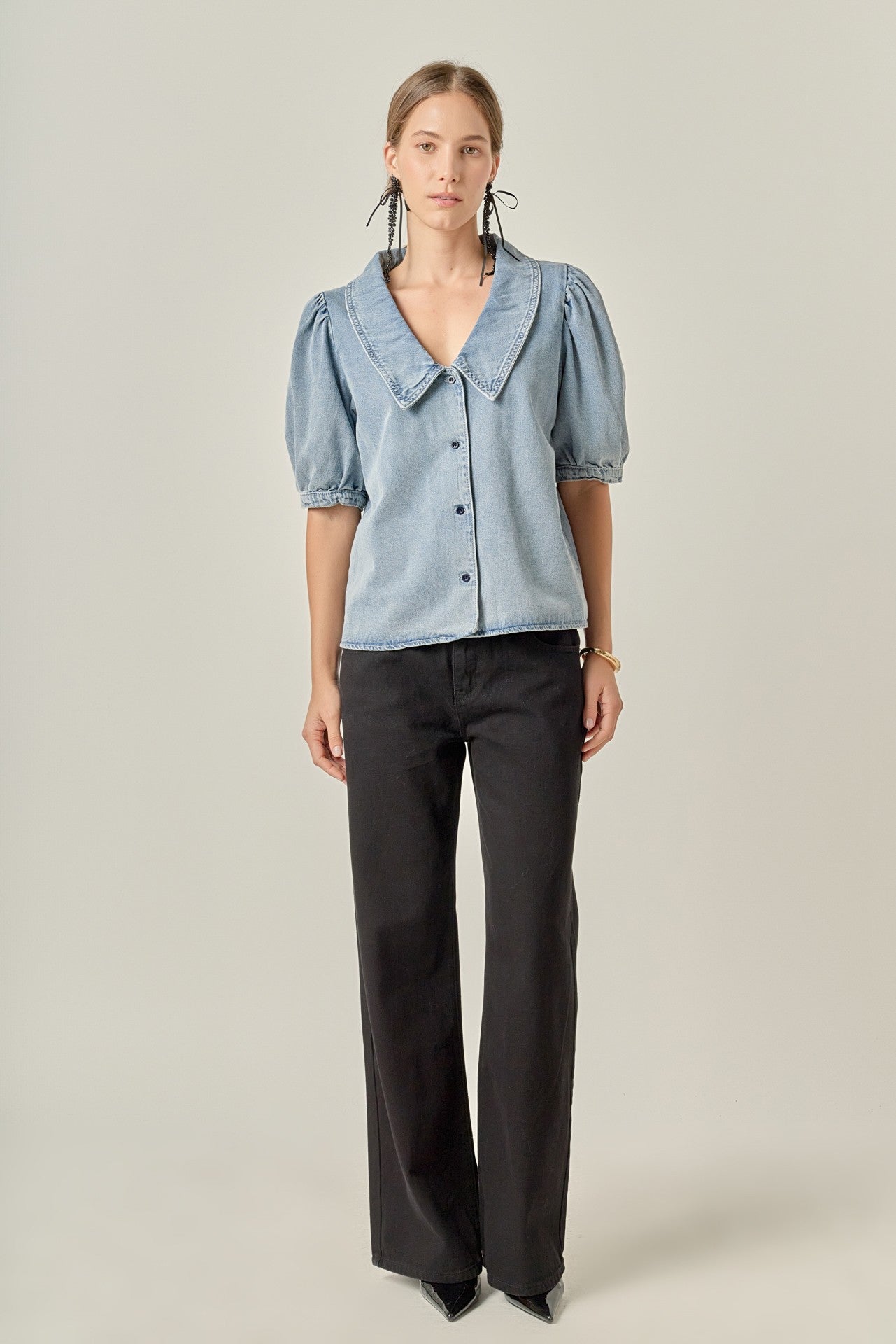 Deep V-Neck Button Up Denim Shirt