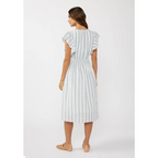 Ruffle Slv Split Neck Smocked Waist Midi Dress